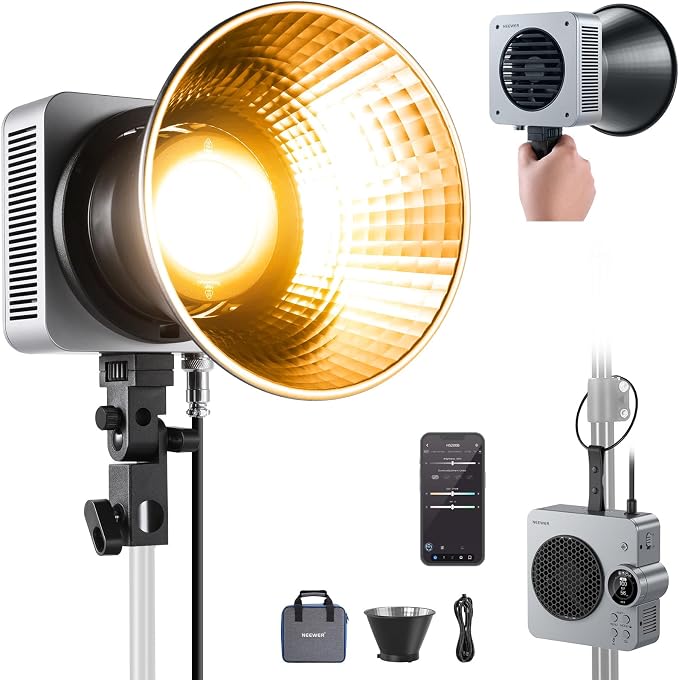 NEEWER HS200B Portable LED Video Light APP/2.4G/DMX Control, 280W 84400lx/1m Bi Color 2700-6500K CRI95+ COB Continuous Output Key Lighting Bowens Spotlight for Recording Streaming Studio Photography by Neewer