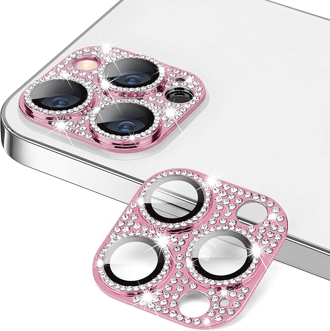 Designed for iPhone 12 Pro Max Camera Lens Protector, Bling 3D Rhinestone Diamond 9H Tempered Glass Camera Cover Anti Scratch Shockproof Lens Screen Full Protective Cover -Pink by Hsefo