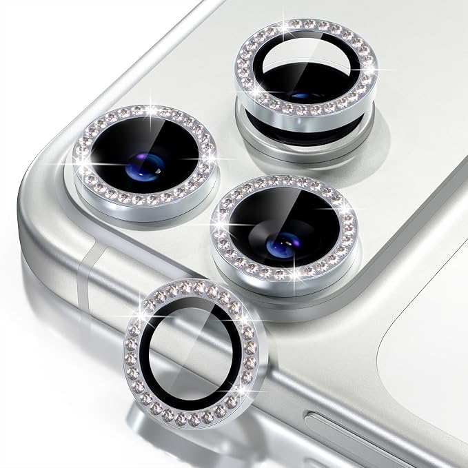 Misea Compatible for iPhone 17 Pro/iPhone 17 Pro Max Camera Lens Protector | 9H Tempered Glass Ultra HD Bling Camera Screen Protector Cover Metal Individual Ring Decoration Accessories, Silver Diamond by Misea