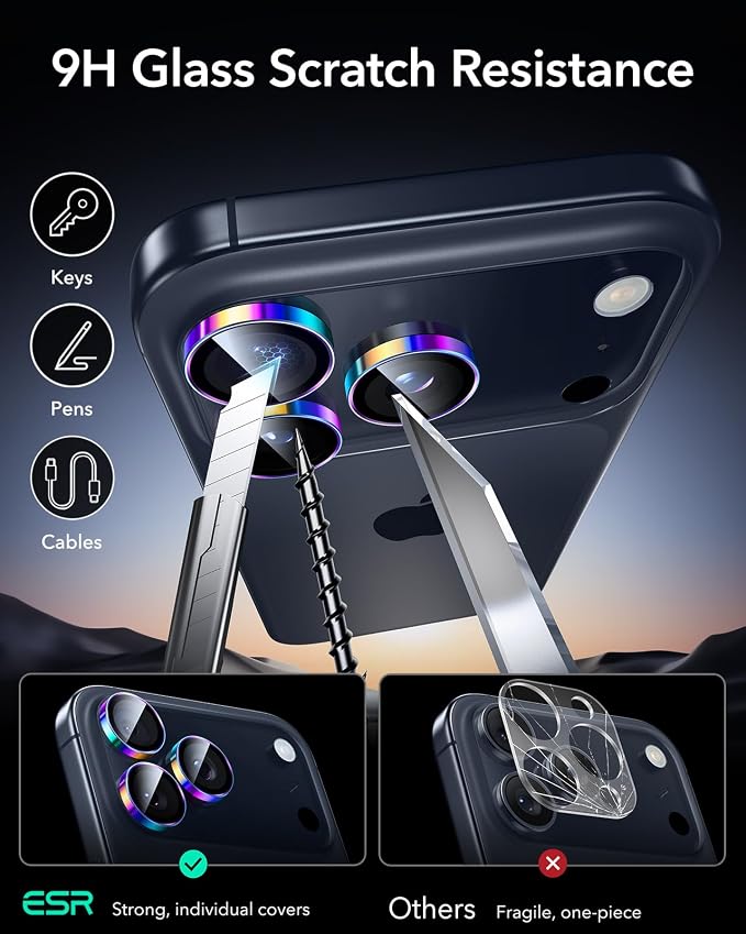 ESR for iPhone 17 Pro Max/17 Pro Camera Lens Protector, 1 Pack, Chromatic | Individual Camera Cover, 9H Tempered Glass, Original Camera Clarity, for iPhone 17/16/15/14 Pro Max/Pro, Case Friendly - Image 6