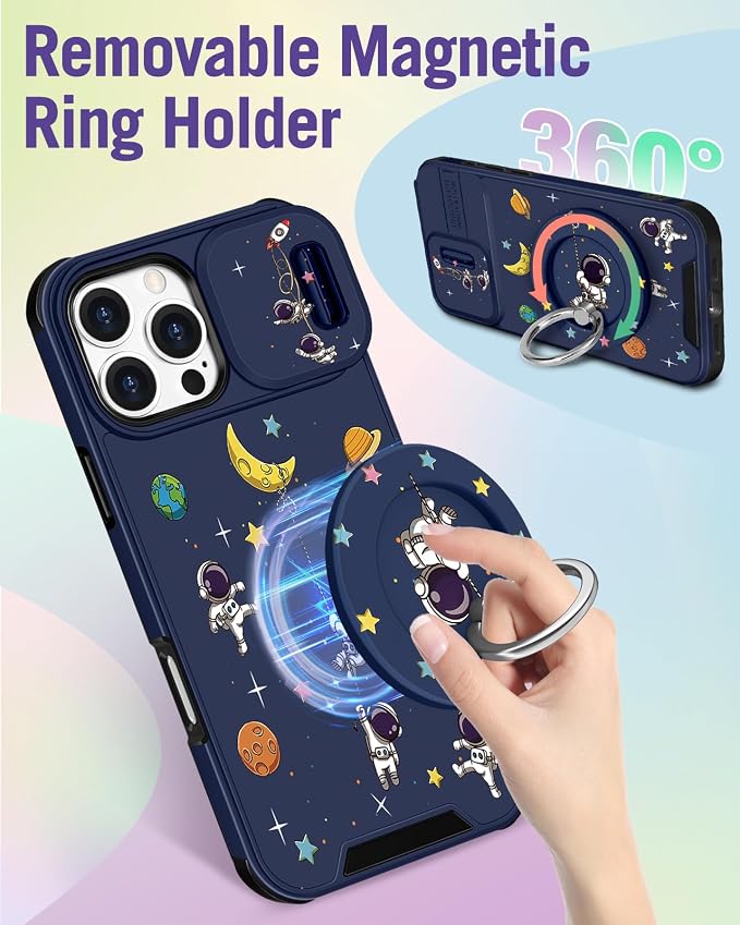 Buleens for iPhone 16 Pro Case 6.3 Inch - with Ring Stand & Camera Cover Aesthetic Cute Designed for Women Girls Girly Cartoon Astronaut Teens Phone Case for iPhone 16 Pro Compatible with Magsafe - Image 5