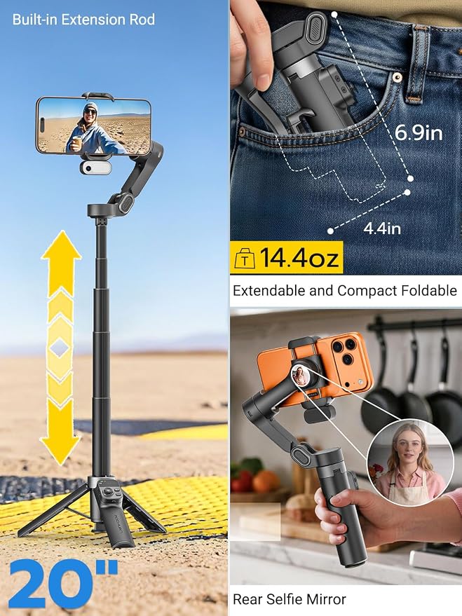 AOCHUAN AI Face Tracker Gimbal Stabilizer for iPhone w/Magnetic Remote | 360° Pan Rotation 3-Axis Gimbal for iPhone, Stabilizer w/Light, Built-in Extension Rod & One-Touch Open Tripod, Volg, Sport - Image 4