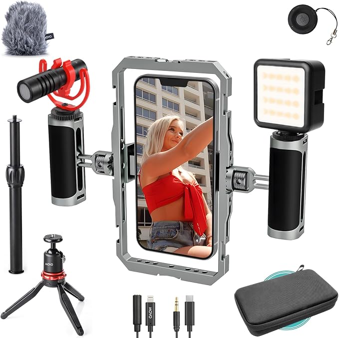 Movo iFilmer-PRO Smartphone Video Rig Kit | Stabilizer Cage, Dual Grips, VXR10 Shotgun Microphone, iPhone/Android by Movo