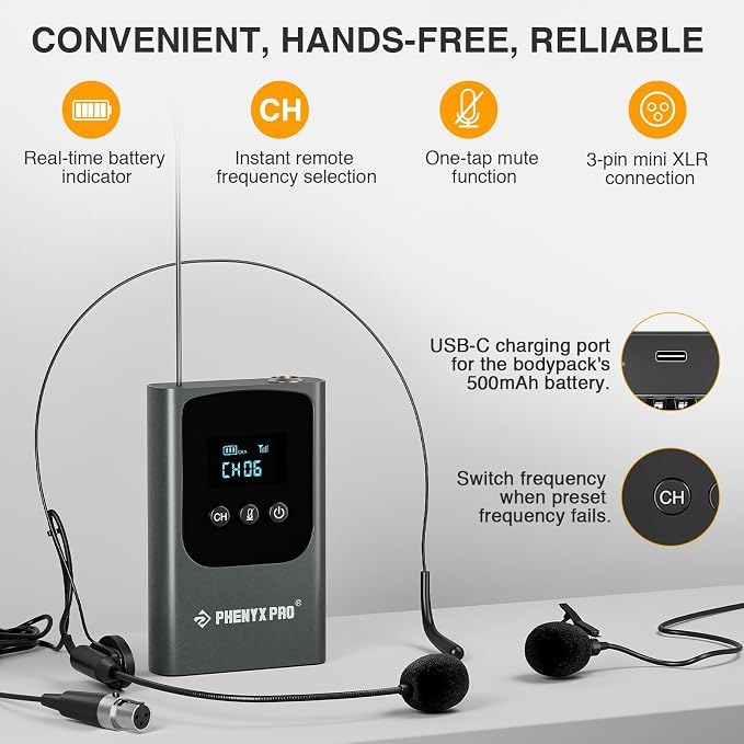 Phenyx Pro Dual UHF Digital Handheld/Headset Microphone System PDP-2-1H1B | 1 Handheld Mic, 1 Bodypack, Mini Receiver, 2 x 15 Frequencies, Headset/Lapel Mic, Karaoke - Image 4
