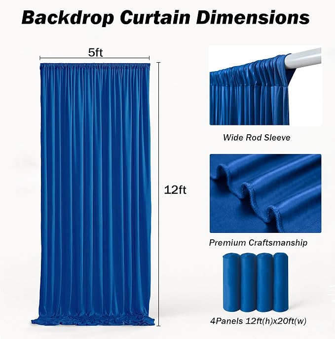 20x12 ft Royal Blue Backdrop Curtains for Weddings, Birthdays and Photos | 4 Panels 5x12 ft, Wrinkle-Free Polyester Drapes, Washable, Ironable, 4 in Rod Pocket for Baby Showers Photography Background - Image 6