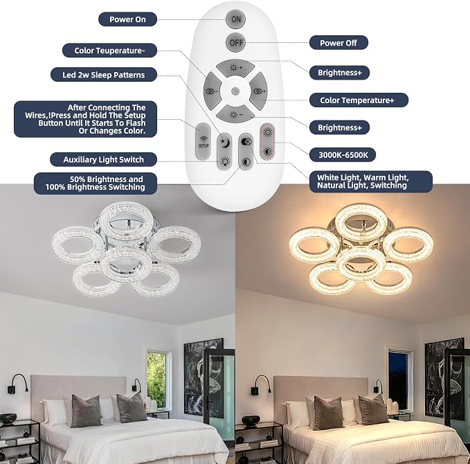 Modern Ceiling Light, 6 Rings 17.7'' Dimmable LED 60W Flush Mount Ceiling Lights with Remote Acrylic Crystal Round Ceiling Light Fixture, Bedroom Living Room Dining Room, Chrome - Image 8