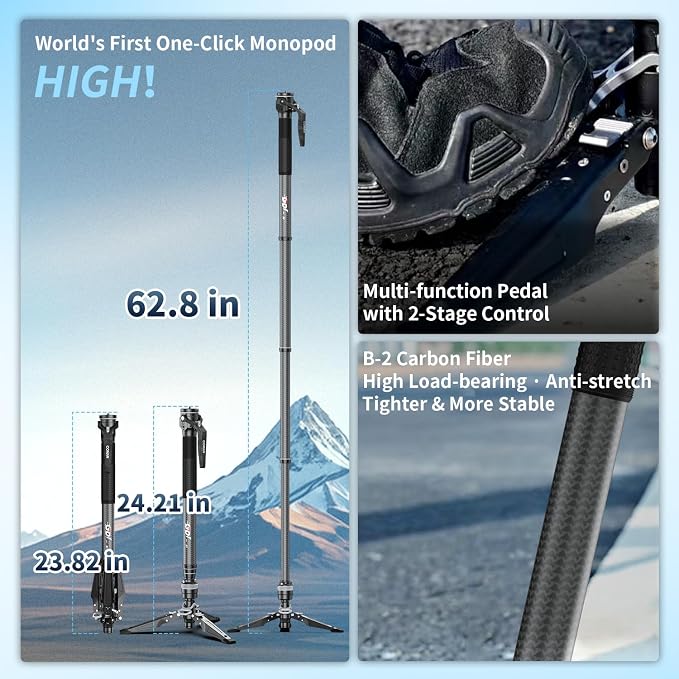 M1 62.8" Carbon Fiber Monopod for Camera, One-Click Lifting Monopod with feet, Compact for Travel, Max Load 44lbs / 20kg for Camera, DSLR, Camcorder - Image 3