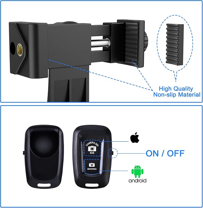 Universal Phone Tripod Mount Adapter with Ｗireless Camera Remote , Cell Phone Holder with Adjustable Clamp for Selfie Stick Monopod Compatible with iPhone, Samsung and so on , Wrist Strap Included - Image 4
