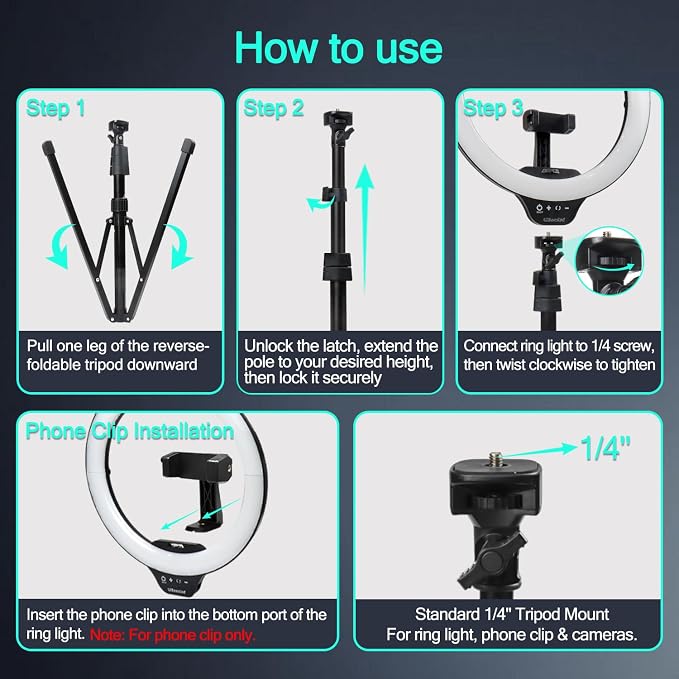 UBeesize 14'' LED Foldable Ring Light with 62'' Tripod Stand, Selfie Ring Light for Video Recording, Live Streaming, TikTok & YouTube, Compatible with iPhone & Android (Black) - Image 7
