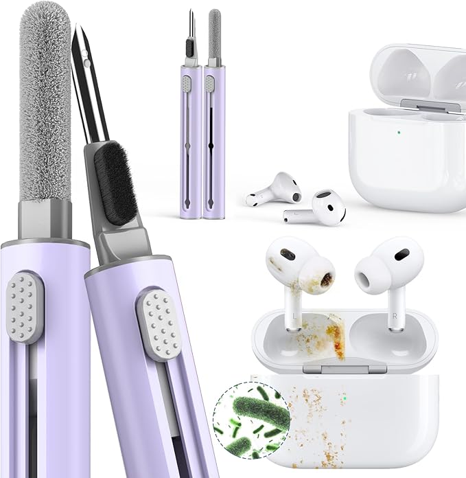 Inesore for AirPod Cleaning Kit, for Phone Earbuds Electronics (Purple) | Metal Tip, High-Density Soft Brush, Flocked Sponge Tip, 3 in 1 Design, Compact & Lightweight, Easy Operation, Easy to Carry by Inesore