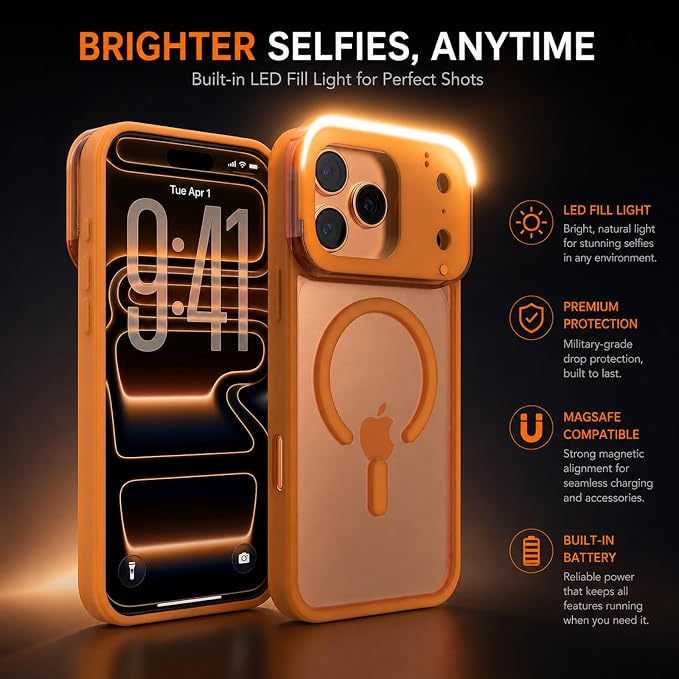 tesha Selfie Light Case for iPhone 17 Pro Max, MagSafe, Camera Detector | 2-Level LED Brightness, IR Hidden Camera Scanner, Drop Protection, Rechargeable Light Up Cover, No APP Needed for Video Vlog - Image 6