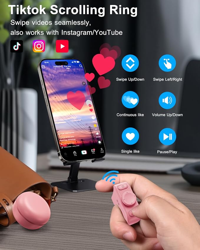 [New Upgrade, Easy to Use] TikTok Scrolling Ring Remote Control, Camera Shutter Remote, Wireless Bluetooth Scrolling Ring for iPhone, iPad, iOS, Android - Light Pink - Image 3