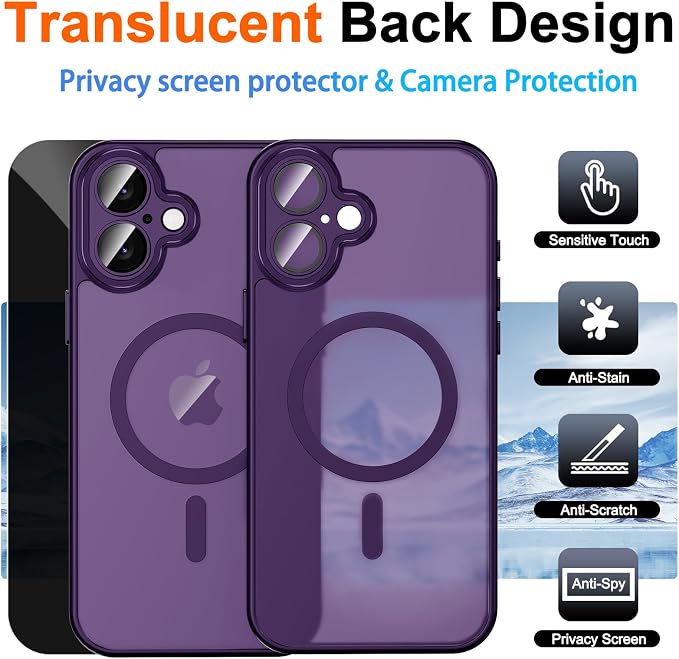 Magnetic for iPhone 17 Case with Privacy Screen Protector, Purple | Full Camera Protection, Compatible with MagSafe, Translucent Matte Shockproof Phone Cover for iPhone 17 Women Girls - Image 2