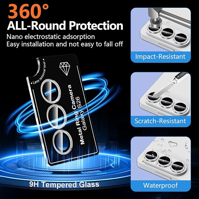 for Samsung Galaxy S26 Camera Lens Protector, Individual Metal Ring Tempered Glass Lens Cover, [Strong Adsorption] Scratch Resistant Ultra-Thin HD Clear Lens Cover, 1 Set-Gray - Image 2
