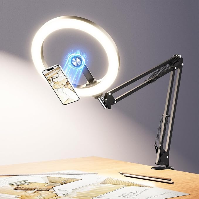 Magnetic Ring Light Overhead Camera Phone Mount for Desk, 10” Selfie Light for iPhone with MagSafe-Compatible Phone Holder for Video Recording, Zoom Meeting, Live Streaming by Evershop