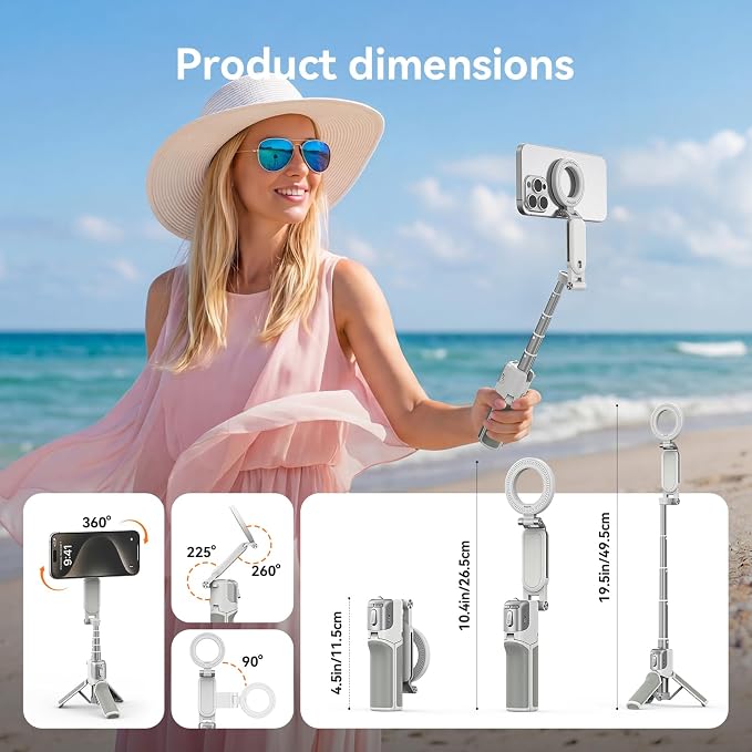 AMAZEAR Phone Camera Grip with Selfie Stick Tripod, Cellphone Accessories with Detachable Wireless Shutter Button for iPhone 16 17 Pro Max, Comfort Ergonomic Phone Handle Holder, White with Light - Image 4