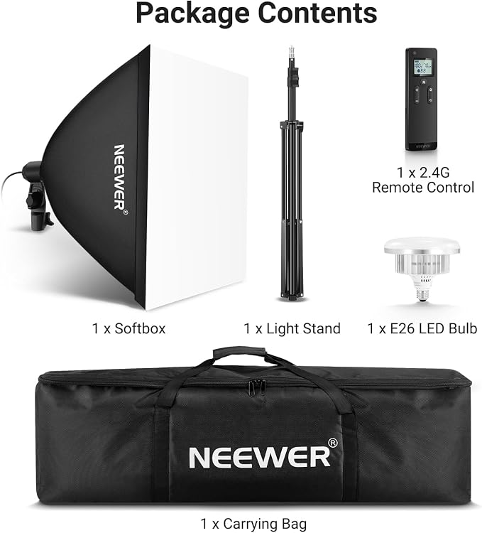NEEWER 24"x24" 450W Equivalent Softbox Lighting Kit w Tripod Stand, NK104 | 45W Bi Color 2.4G LED Bulb, Remote, 10 Channels, 2900K-7000K 1400lx/1m CRI95, Studio Photography Recording Continuous Light - Image 9