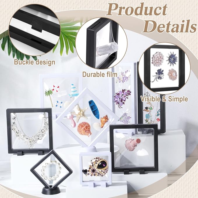 Harloon 12 Pcs 3D Floating Display Case, Black White, 3 Size, Square | 3D Floating Frame for Challenge Coins, Medallions, Fossils, Gemstones, Jewelry, Collectibles Shadow Box Display Holder - Image 3