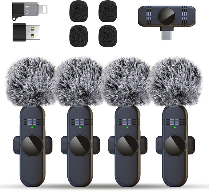 4 Mini Microphone Wireless Microphones Systems for iPhone Android Phone Pad Computer, Pro Clip On Small Lavalier Lapel Mics Tiny for Content Creators Video Recording Vlogging, 48KHz 24Bit by ZERFUN
