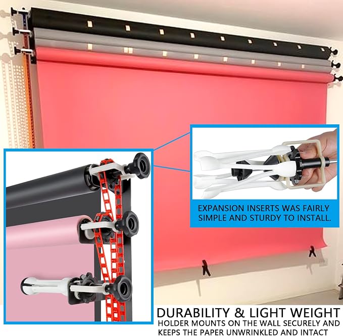 Photography Backdrop Wall Mount 3 Roller Support System | Manual Photo Background Ceiling Holder, Including 2 Tri-fold Hooks, 6 Expand Bars, 3 Chains, for Home Studio Game Video - Image 3