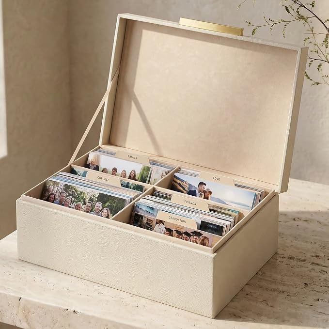 Decorative Photo Storage Box - PU Leather Organizer for 1200 4x6 Photos | Sturdy Scrapbook Storage Containers with Dividers and Lid - Portable Box Safely Stores Your Pictures - Image 9