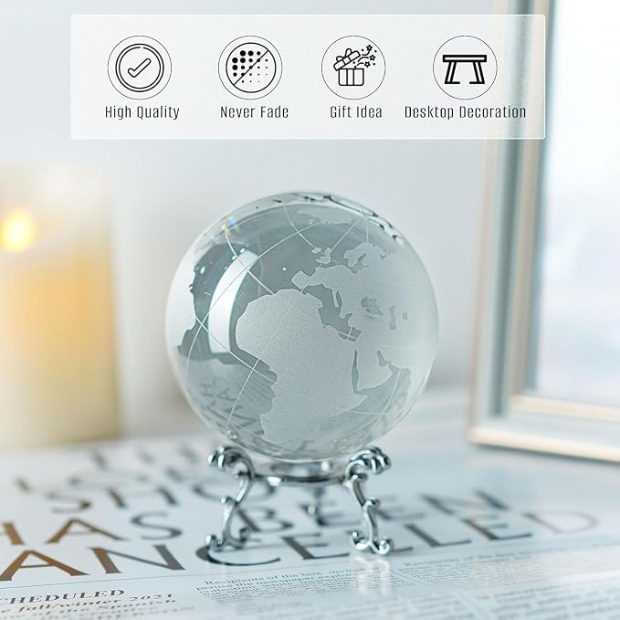 3.15in Crystal Earth Globe with Stand Glass World Globe Paperweight | Premium K9 crystal Includes metal stand Ready for desk office bookshelf and home display - Image 3