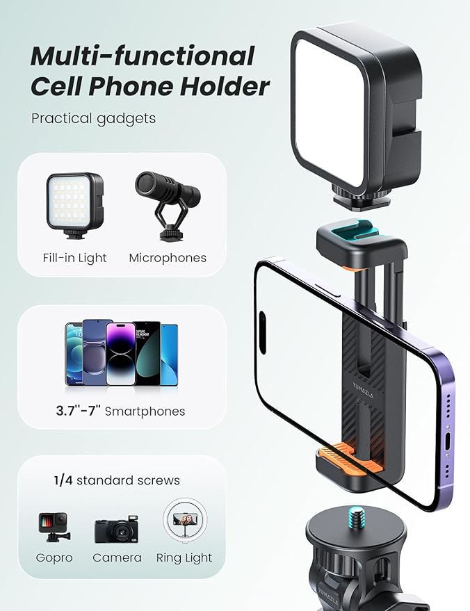 71''/180cm Extendable Phone Tripod Aluminum, Portable Stand for Video Recording, Travel Tripod for iPhone/Cell Phone/Camera Video Light, Compatible with Smartphones, DSLR - Image 6