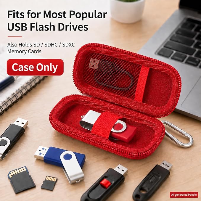 USB Flash Drive Case, SD Card/Thumb Drive/Memory Cards Holder, Bag Only | SDXC/SDHC Storage, Electronic Accessories Organizer for SanDisk / for Samsung, for Students/IT/Office/School/Travel, Red - Image 2
