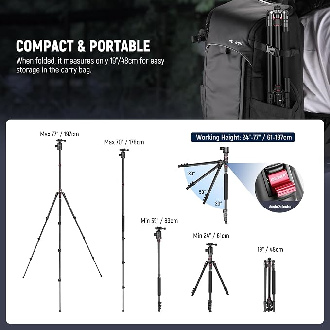 NEEWER 77 Inch Camera Tripod Monopod for DSLR & Phone, Aluminum, TP77 | 360° Panoramic Ball Head, 2 Axis Center Column, Arca Type QR Plate, Bag, Compact Lightweight Travel Tripod, 34lb Max Load - Image 3