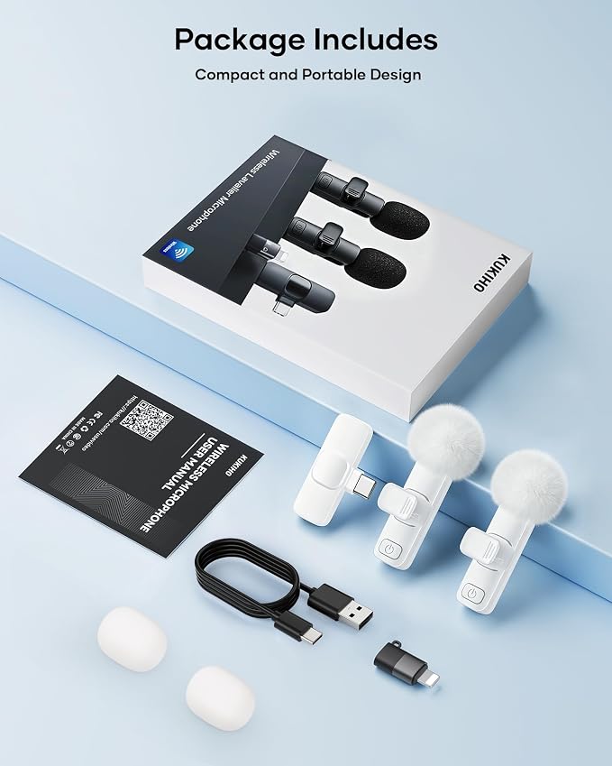 Wireless Lavalier Microphone for iPhone iPad and Android Phone, 2 Pack Lapel Mic Plug and Play Wireless Mic Noise Reduction Microphone for Video Recording Interview Podcast Vlog YouTube (White) - Image 9
