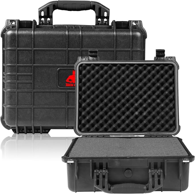 Jack Boss Waterproof Hard Camera Case with Pre-cut Foam,Black | Portable Protective Hard Shell Case With Updated Plastic Material,Fit Drones,Camera,Equipments,16x12.8x6.8 Inch by JACKBOSS