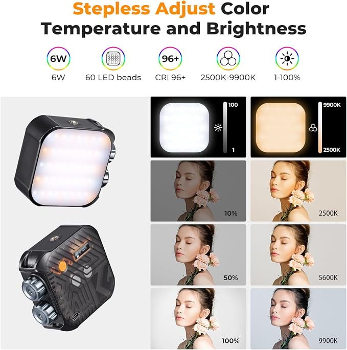 K&F CONCEPT RGB Video Light 21 Light Effects, 2500K-9900K, CRI 96+, Black | 360° Full Color Portable Light, Magnetic Rechargeable LED Panel Camera Light with 1/4" Screw Mount for Vlogging, Selfie L01 - Image 4