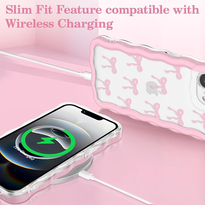 QLTYPRI for iPhone 17e/16e Pink Bow Case, Clear Cute Pink Ribbon Bow Phone Case Curly Wavy Aesthetic Phone Cover, Soft Slim Transparent TPU Shockproof Protective Cover for Women Girls - Ribbon Bow - Image 5