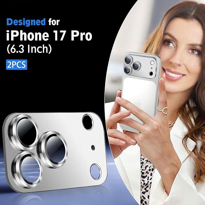 SiHPuoy 2pcs Camera Lens Protector for iPhone 17 Pro, Tempered Glass,Silver | 9H+ Hardness, Military Grade Shatterproof, Anti-Scratch, Case Friendly, HD Metal Camera Cover, Does not Affect Night Shots - Image 2