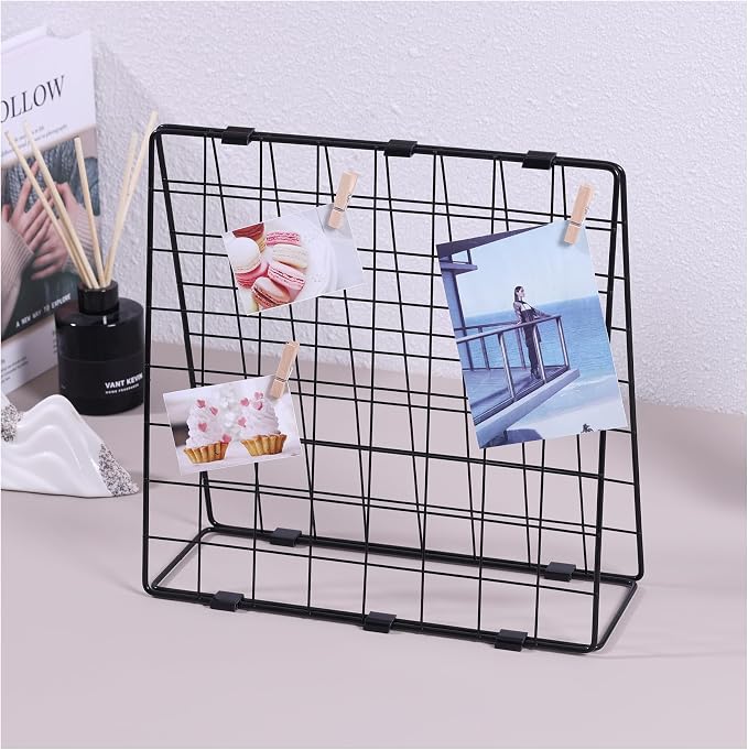 Photo Display Rack, Note Display Rack, Double sided Photo Metal Rack, Desk Photo Manager, With 20 Wooden Clips, Black - Image 2