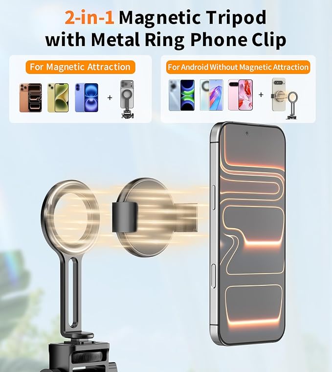 74" Magnetic Phone Tripod with Phone Clip for Magsafe, Camera Tripod | Aluminum Phone Tripod with Remote & Cold Shoe,Camera Stand Tripod for iPhone/Canon/Nikon/DSLR/Digital Camera Accessory Kits - Image 2