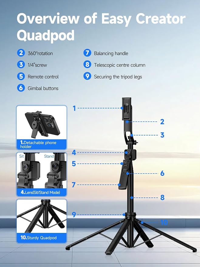 Rollei Auto Face Tracking Tripod, Smartphone Gimbal Stabilizer 64'' Selfie Stick Tripod Holder 360° Rotation for iPhone/Android Stand for Filming Streaming Tiktok Video Vlog - Image 9