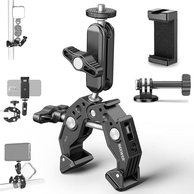 NEEWER Super Clamp with 3" Dual Ballhead Magic Arm, Cold Shoe, 1/4" Threads, Phone/Action Camera Mount Adapter for Desk Tripod Tube Crossbar Gimbal Rods Compatible with SmallRig GoPro DJI, ST83 by Neewer