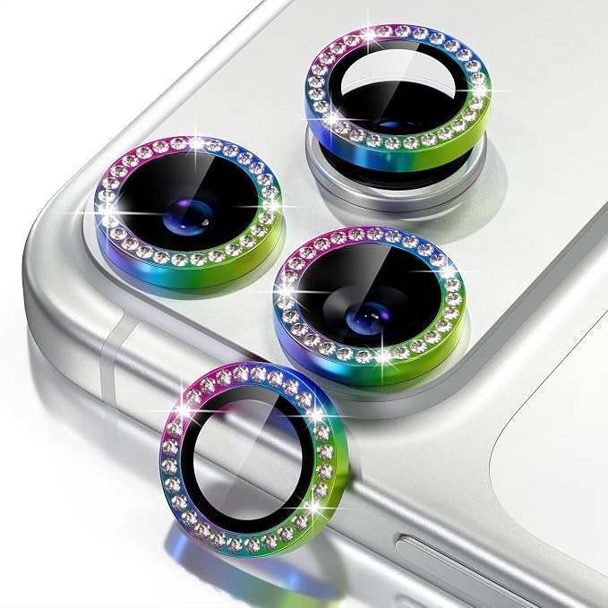 Misea Compatible for iPhone 17 Pro/iPhone 17 Pro Max Camera Lens Protector | 9H Tempered Glass Ultra HD Bling Camera Screen Protector Cover Metal Individual Ring Decoration Accessories, Colorful Diamond by Misea