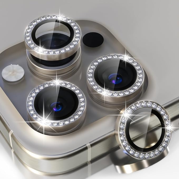 Choiche for iPhone 15 Pro/iPhone 15 Pro Max Camera Lens Protector | Ultra HD, Bling 9H Tempered Glass Camera Cover Screen Protector Metal Ring Decoration Accessories (Diamond-Titanium Natural) by Choiche
