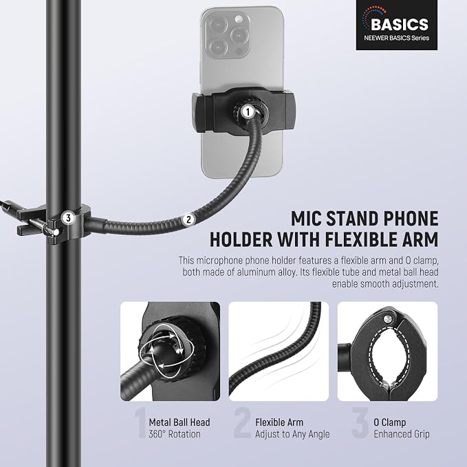 NEEWER BASICS Mic Stand Phone Holder with Flexible Arm, 360° Ball Head Boom Arm Microphone Floor Music Stand Cell Phone Mount Compatible with iPhone Android Samsung Video Recording, MS009 - Image 2