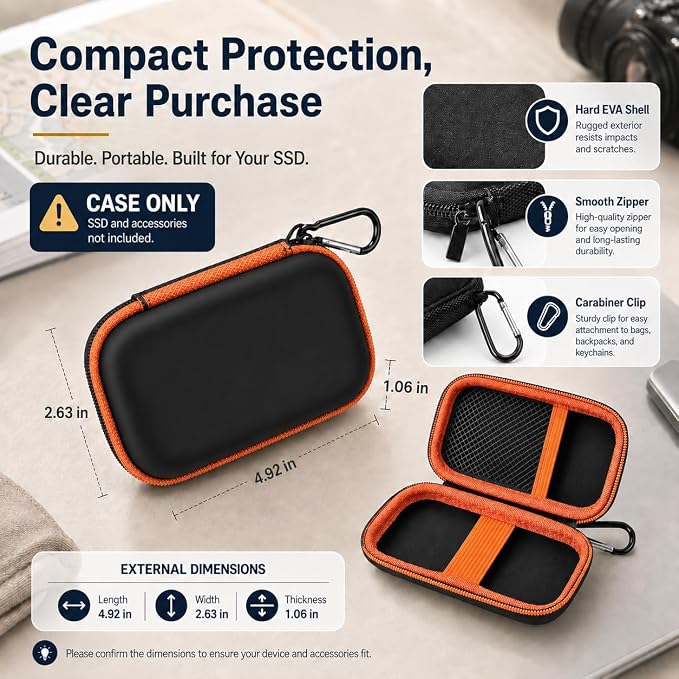 SSD Case for SanDisk Extreme Portable SSD & Extreme PRO, Hard Shell Protective Storage Bag with Carabiner, Fits 1TB 2TB 4TB 8TB External Solid State Drive for Business Travel(Orange) | Elastic Strap Secures the SSD, Mesh Pocket Organizes Cables, Carabi... - Image 4