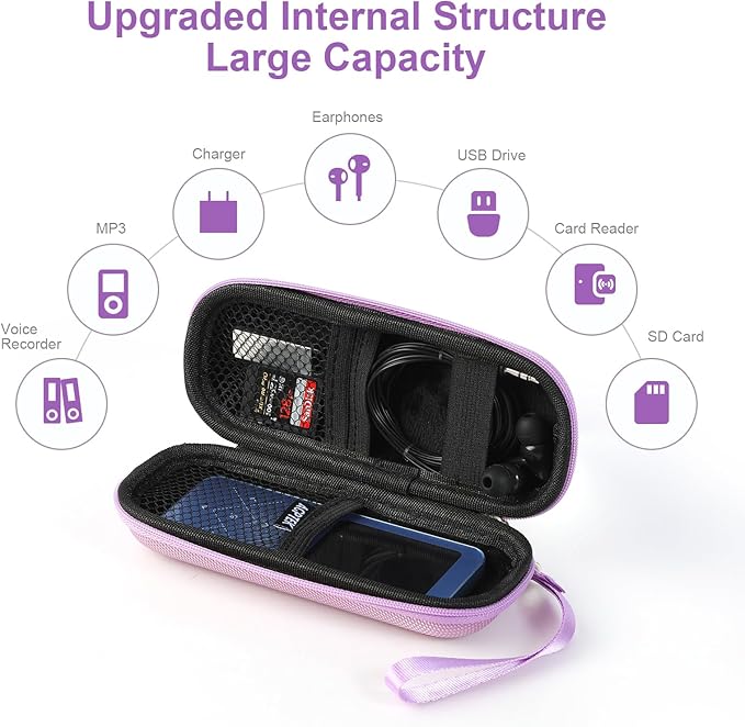 AGPTEK Carrying Case, EVA Zipper Carrying Hard Case Cover for MP3 Players | Storage Holder for Digital Voice Recorders, 3D Printing Pen, USB Cable, Earphones, Memory Cards, U Disk (Purple) - Image 2