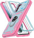 Gritup for Galaxy S21 Phone Case Military-Grade Shockproof with Kickstand | with 2 PCS Screen Protector, Slide Camera Cover, Heavy Duty Outdoor Protection Funda para Galaxy S 21 Cover-Green+Pink by Gritup