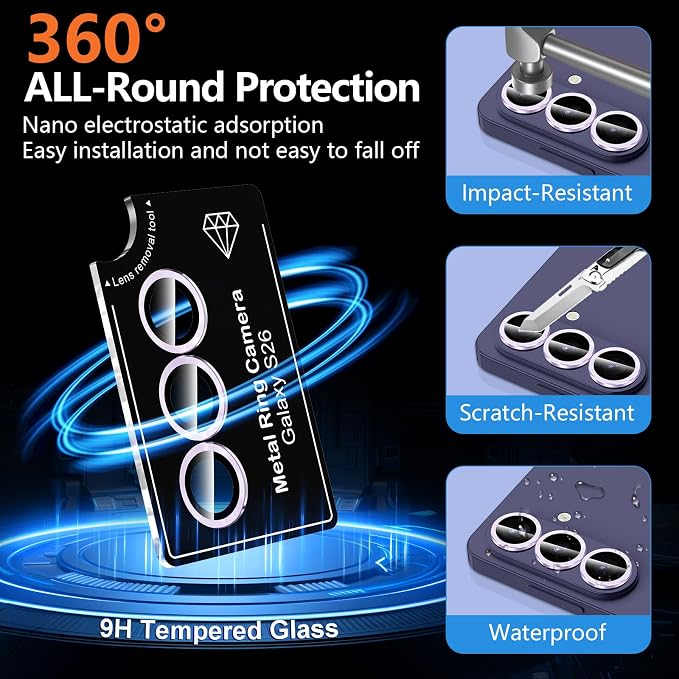 for Samsung Galaxy S26 Camera Lens Protector, Individual Metal Ring Tempered Glass Lens Cover, [Strong Adsorption] Scratch Resistant Ultra-Thin HD Clear Lens Cover, 1 Set-Lavender - Image 2