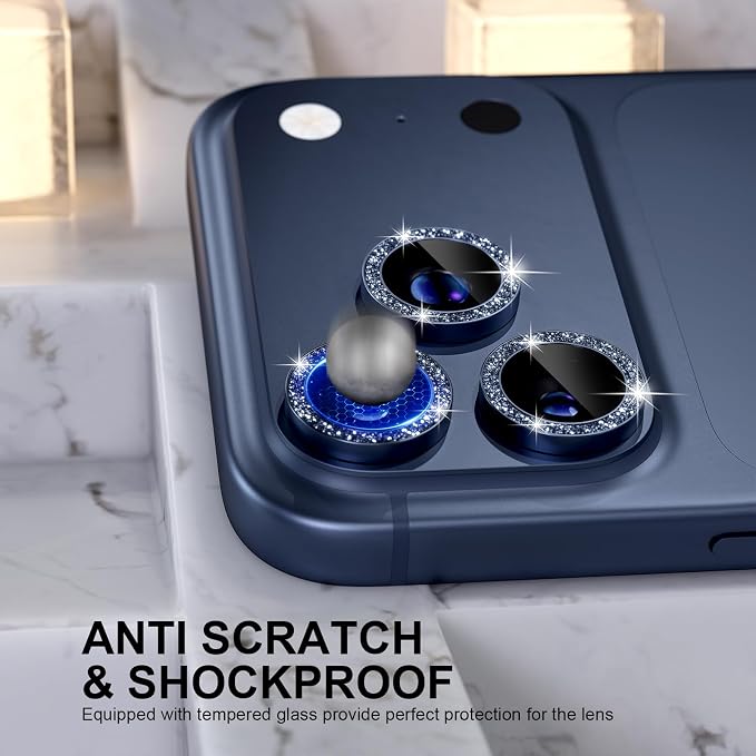 Choiche for iPhone 17 Pro/iPhone 17 Pro Max Camera Lens Protector | Ultra HD, Bling 9H Tempered Glass Camera Cover Screen Protector Metal Ring Decoration Accessories (Glitter-Blue) - Image 4