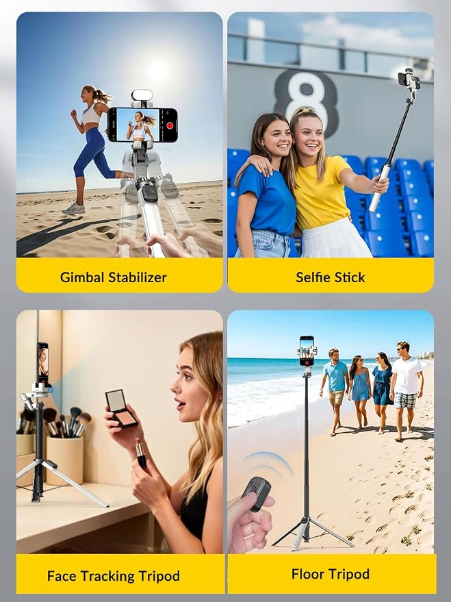 AOCHUAN M3Pro 4-in-1 Phone Gimbal Stabilizer for iPhone, AI Tracking | No App Face Tracking, Built-in Auto-open Tripod, 70.9" Extension Rod, RGB Light, Magnetic Remote, TikTok, Vlog, White - Image 5