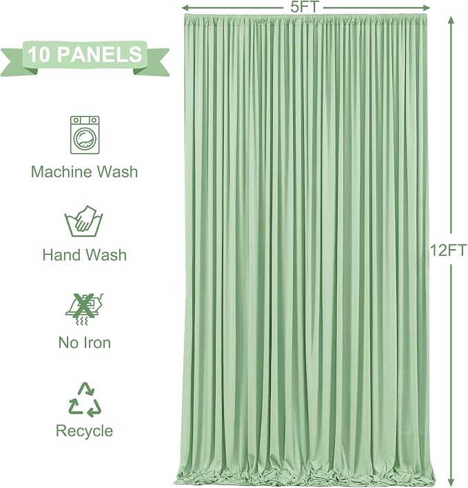 10 Panels Sage Green Backdrop Curtains for Wedding Party Wrinkle Free Backdrops Curtain Drapes Fabric Decorations Photo Back Drop Cloth for Baby Shower Photography Stage Reception 50ft(W) x 12ft(H) - Image 4