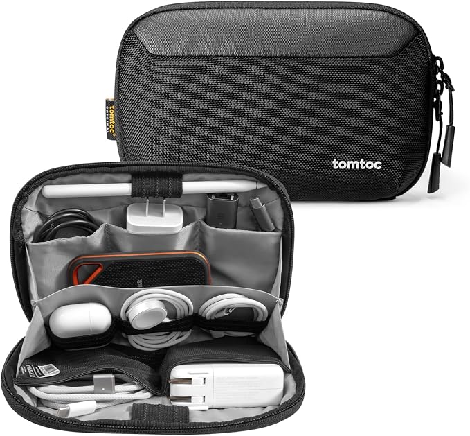 tomtoc Travel Cable Organizer Pouch, Electronics Accessories Organizer Portable Waterproof Double Accessories Carry Case for Cord, Charger, Cables, USB Drive, Black by tomtoc