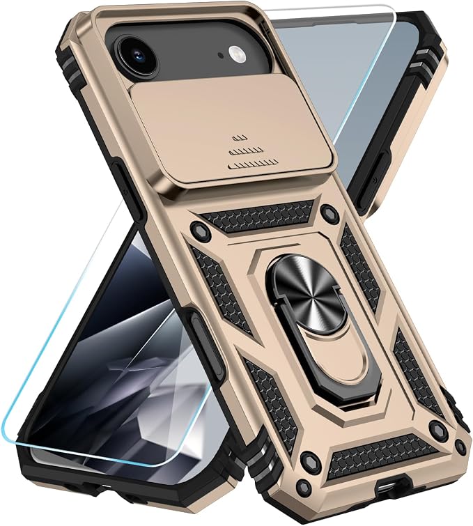 SunStory Phone Case for iPhone Air Case with HD Screen Protector & Slide Camera Cover & Rotated Ring Kickstand, [Military-Grade] Phone Case for iPhone 17 Air,Gold by SunStory